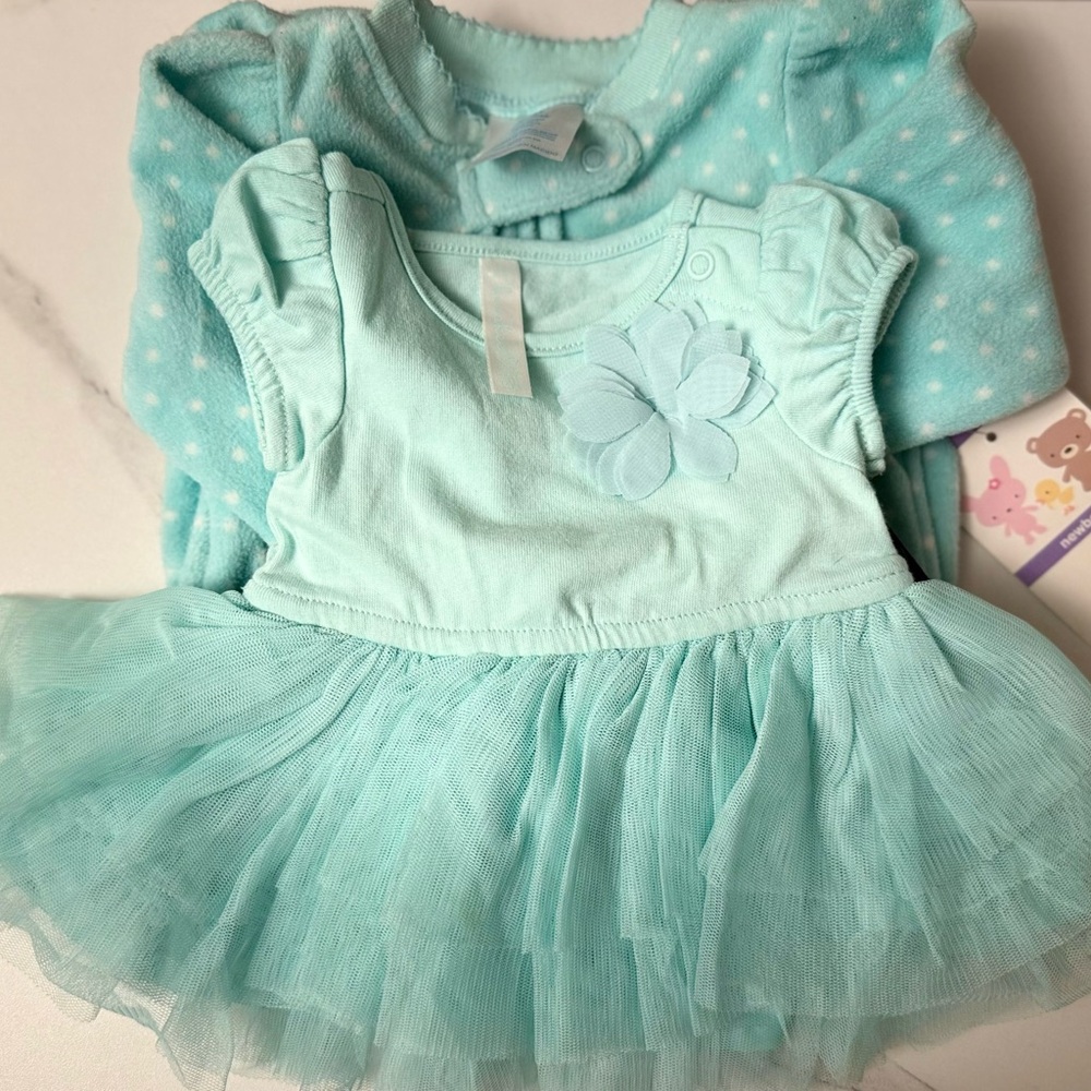 Small Wonders Aqua Polka Dot Baby Onesie Cherokee 2 Piece Dress - NWT